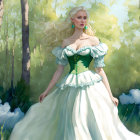 Blonde woman in green & white dress in sunlit forest