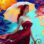 Colorful Illustration: Woman with Umbrella in Fantastical Scene