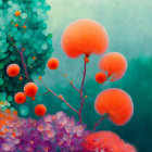 Colorful Digital Art: Stylized Sea Life & Coral Structures in Red-Orange on Teal