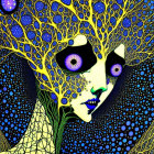 Surreal digital artwork: vibrant face with purple eyes and tree-like hair