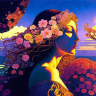 Colorful woman with floral crown and bird in fantasy sunset scene