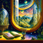 Fantasy art with open book, goblet, quill, magical lamp, dreamy landscape,