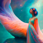 Ethereal woman in vibrant dress with butterflies and colorful nebula aura