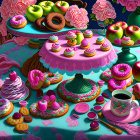 Colorful Dessert Table with Doughnuts, Cupcakes, and Apples on Ornate Dishes