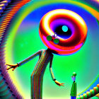 Colorful digital artwork: Large figure with spiral-patterned head stands over smaller figure on iridescent