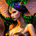 Illustrated female figure with butterfly wings and gold jewelry on dark background