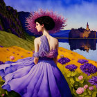 Illustration of woman in purple gown by lake with castle.