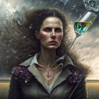 Surreal portrait of woman with flowing hair and champagne glass against stormy field.