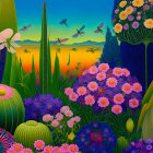 Vibrant sunset garden with colorful flowers, cacti, and dragonflies