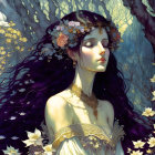 Dark-haired woman with floral adornments in ethereal illustration.