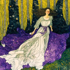 Woman in Purple Dress in Enchanting Forest with Golden and Blue Foliage