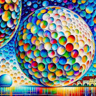 Colorful surreal painting: Large spheres over calm water and houses