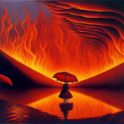 Surreal painting of person with umbrella under fiery wave canopy