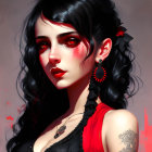 Digital artwork: Woman with porcelain skin, black hair, red eyes, earrings, tattoo, red dress