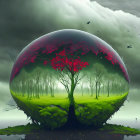 Surreal glossy sphere with green landscape and red tree under stormy sky