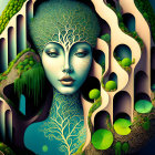 Surreal woman's face with tree branch patterns in mystical forest