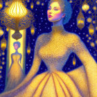 Illustrated woman in ornate gold dress surrounded by glowing lanterns against starry night sky