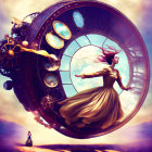 Surreal illustration of woman in flowing dress in abstract clock structure