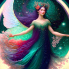 Illustration of fairy with iridescent wings in gradient gown under starry backdrop