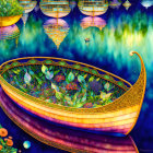 Colorful boat on mystical river with floating islands in dreamlike landscape