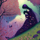 Whimsical forest scene with woman in purple dress and child among purple mushrooms and pink foliage