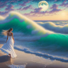 Woman in White Dress Walking on Beach at Twilight with Full Moon and Vibrant Green Waves