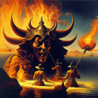 Stylized demonic figure with trident in fiery backdrop