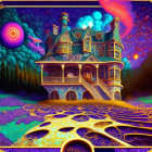 Colorful psychedelic mansion illustration with swirling skies and ornate patterns