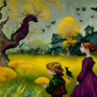 Stylized painting of children with crows, tree, shrubs & house