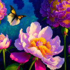 Colorful peonies and butterfly in mystical forest setting