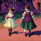 Vintage dresses: Two girls on colorful, stylized landscape