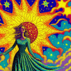 Colorful illustration of woman with star-filled hair holding celestial sphere under radiant sky.