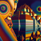 Colorful Surrealist Painting of Serene Face and Temple