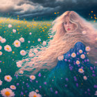 Blonde woman in daisy field under stormy sky