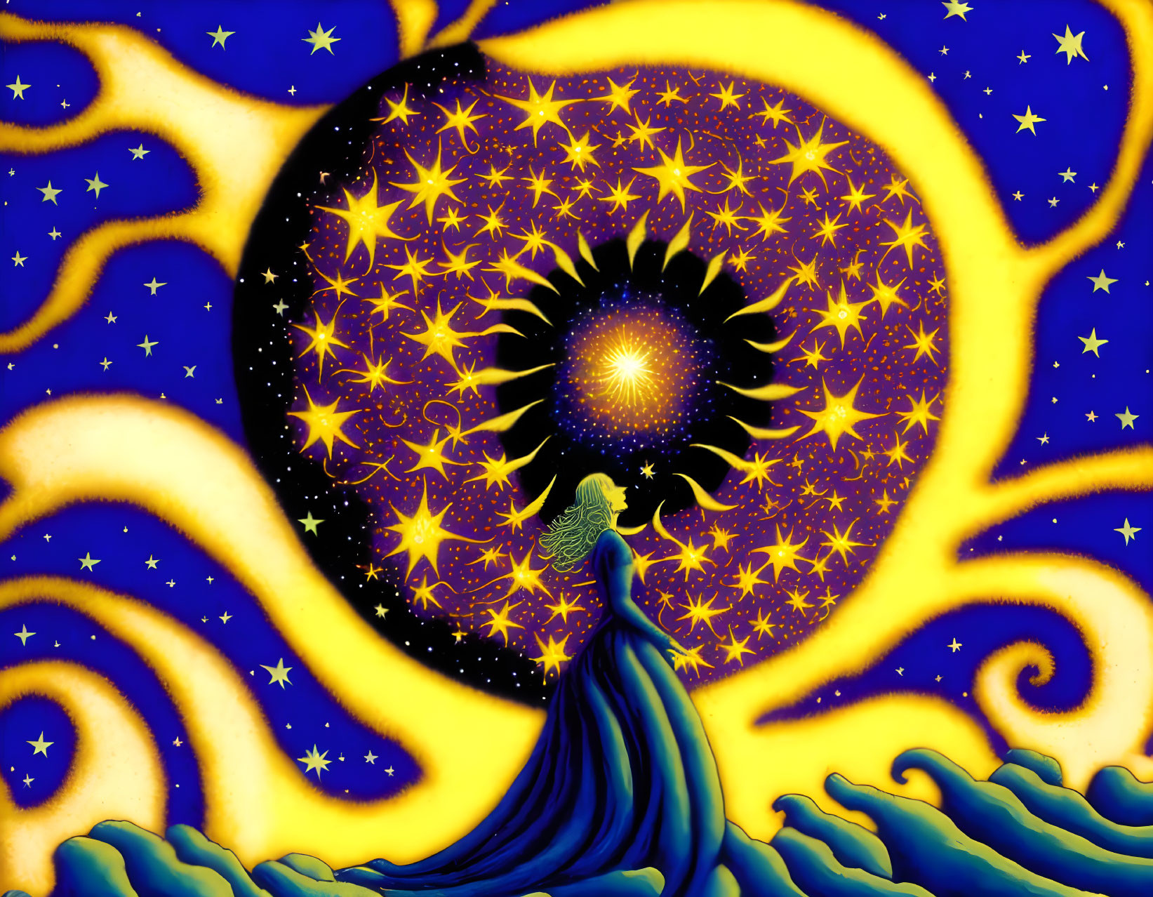 Colorful psychedelic illustration: person in robe gazing at cosmic portal