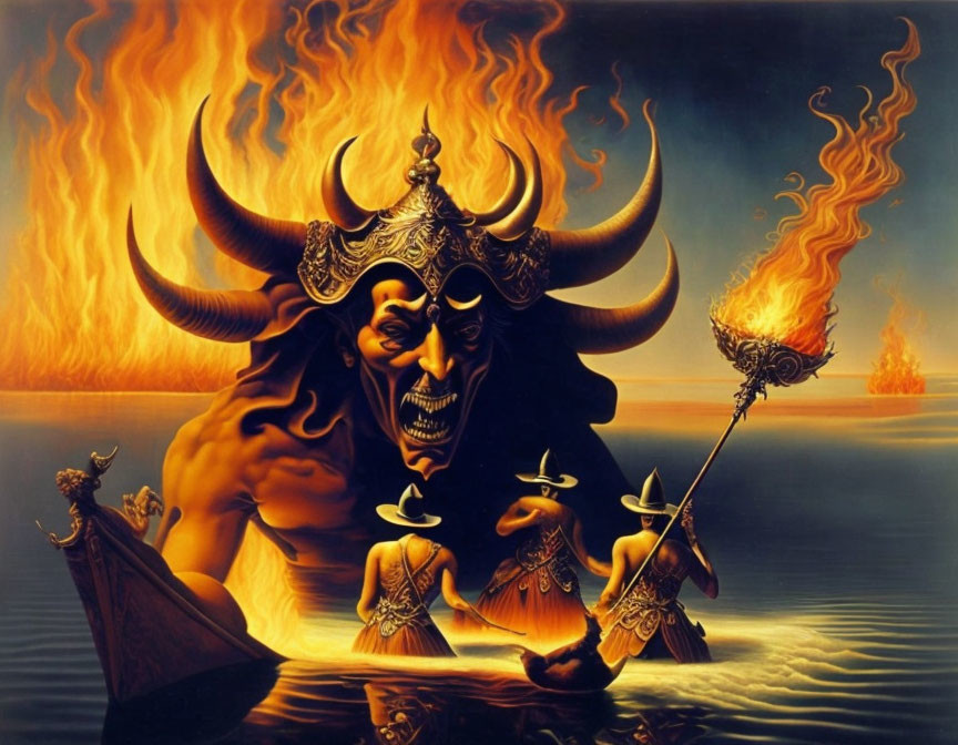 Stylized demonic figure with trident in fiery backdrop