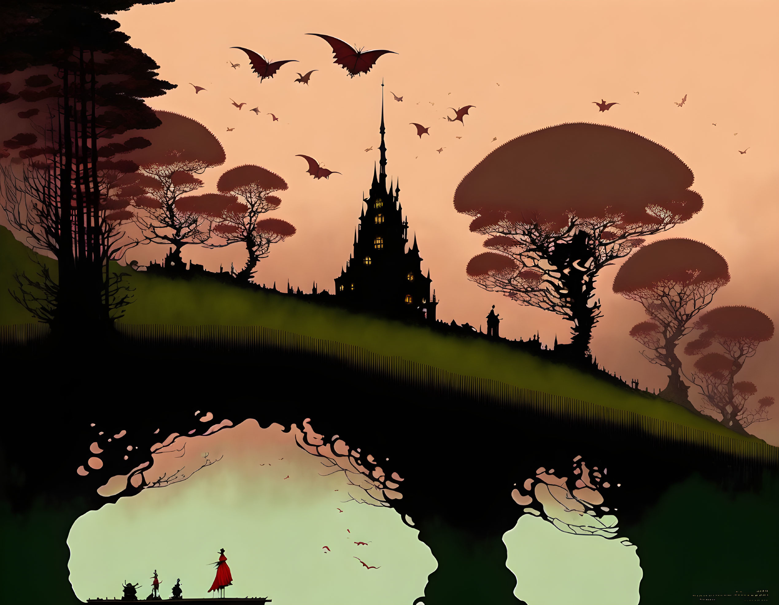 Fantasy landscape silhouette with castle, trees, flying creatures, and red-cloaked figure.