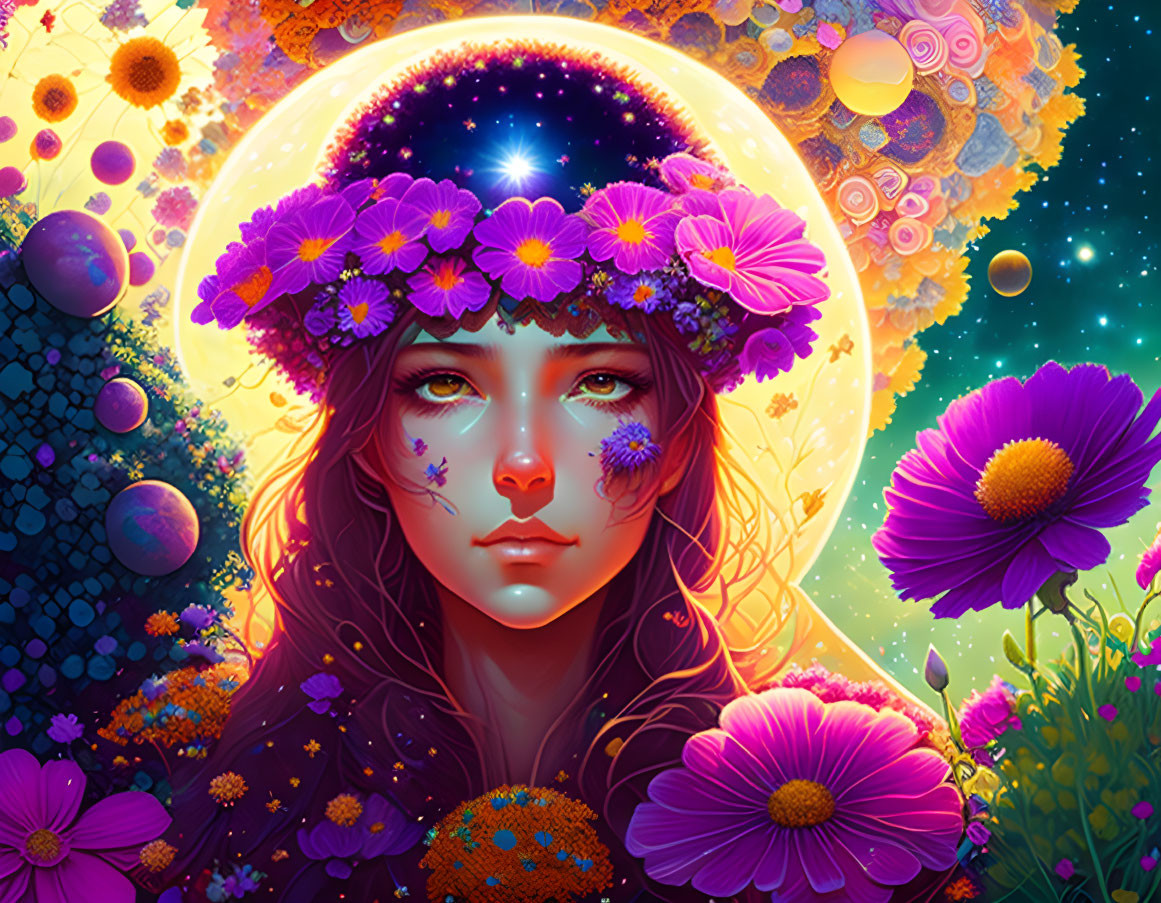 Colorful portrait of a woman with flowers in cosmic setting