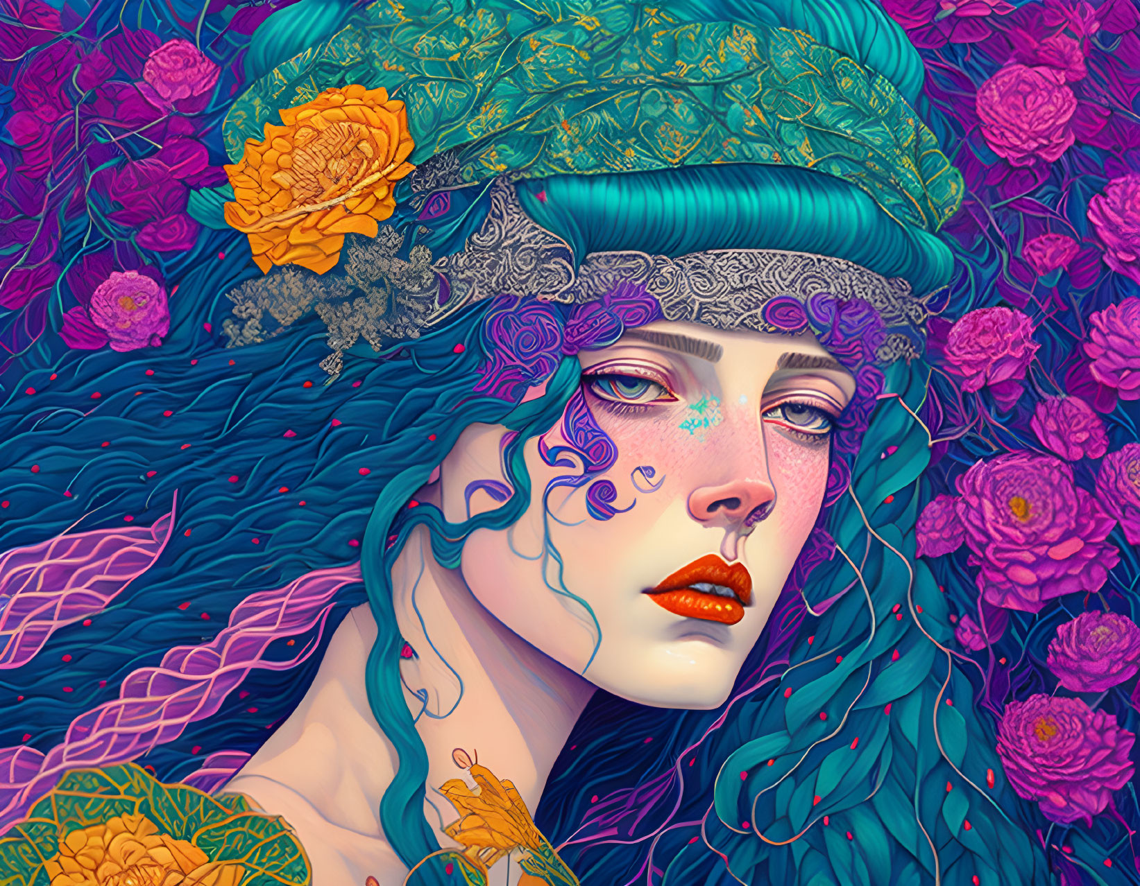 Colorful illustration: Woman with blue hair and turquoise headpiece, surrounded by pink and orange flowers