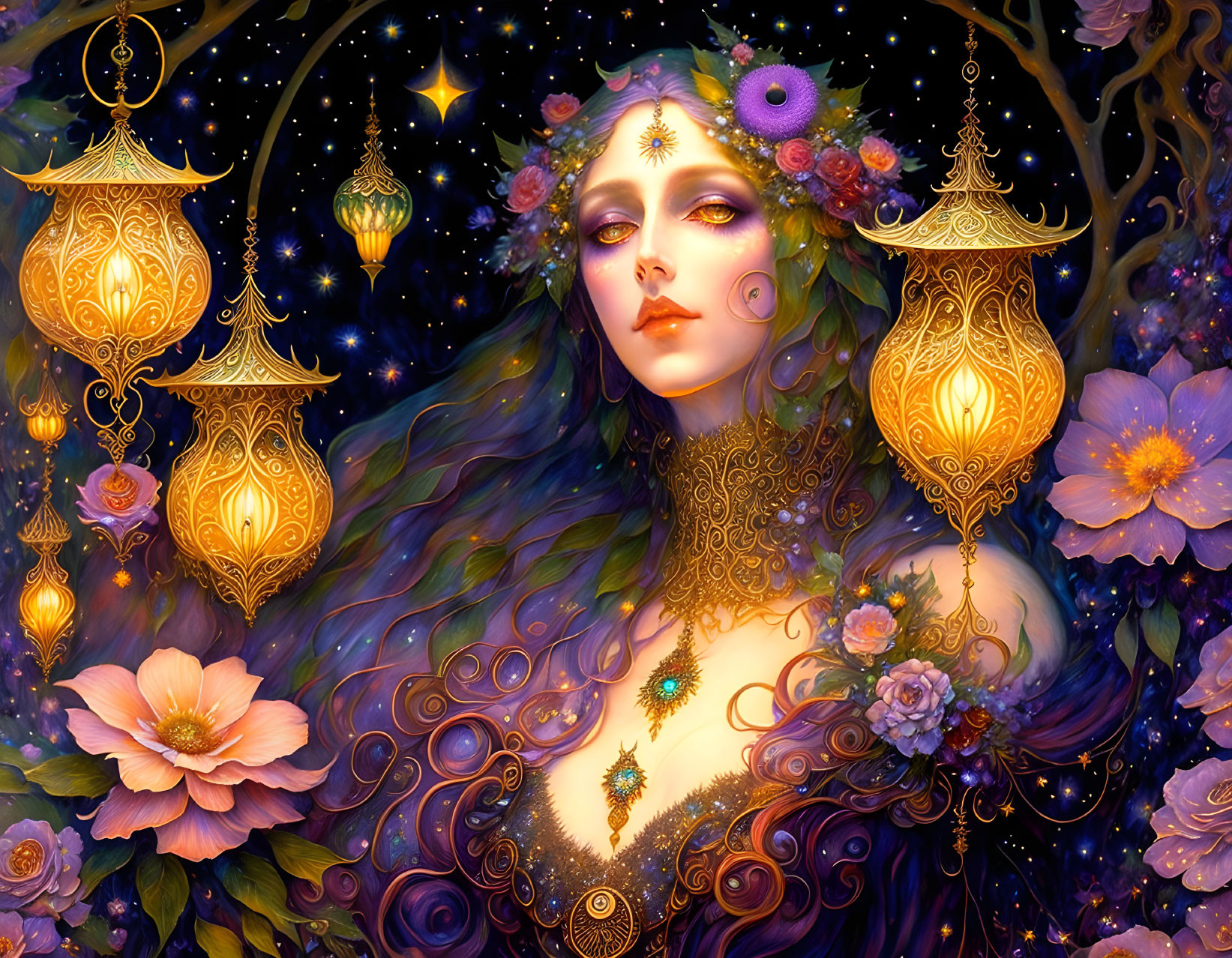 Fantastical image: Woman with blue hair, flowers, gold jewelry, lanterns, starry