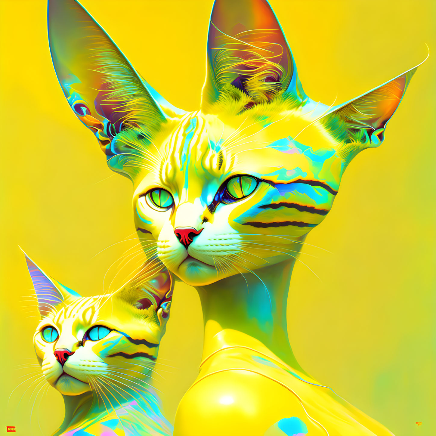 Stylized colorful cats with human-like expressions on vibrant yellow backdrop