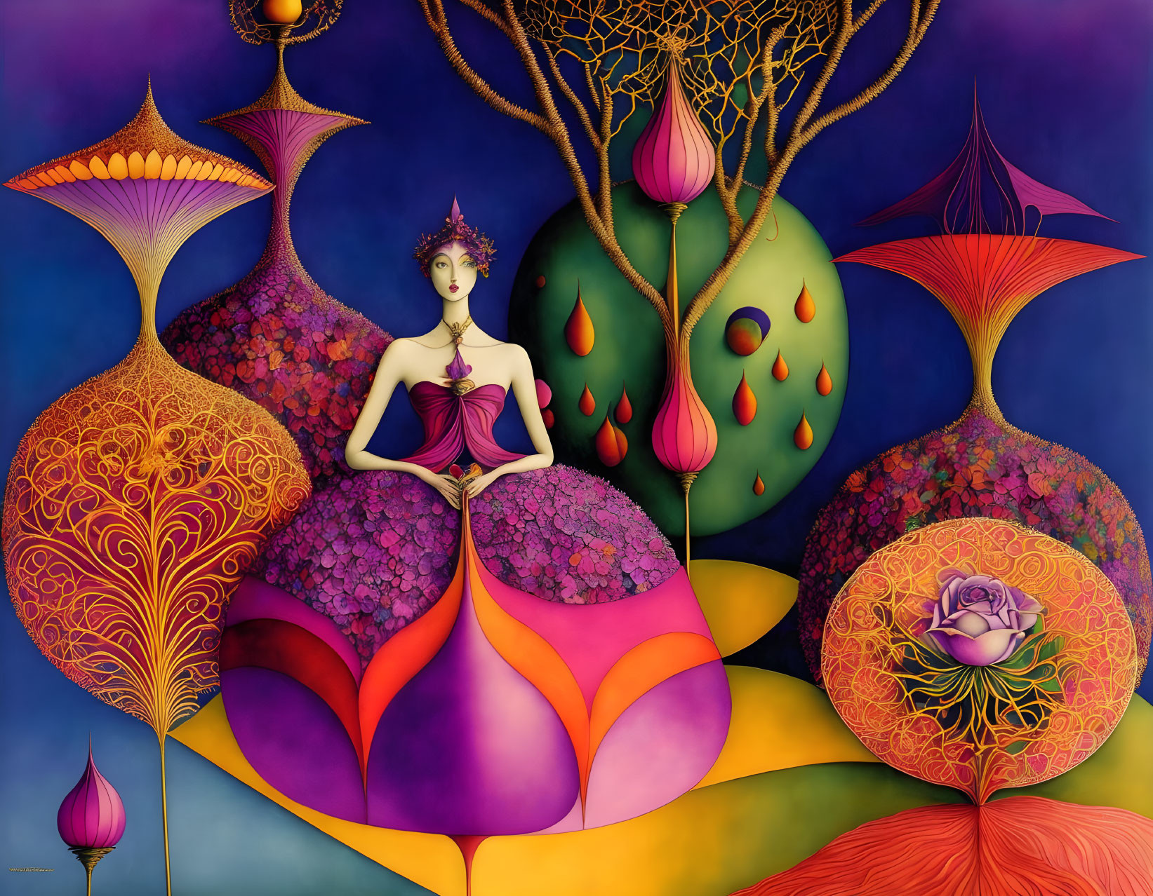 Surreal artwork: Woman in vibrant landscape with stylized trees and colorful sky