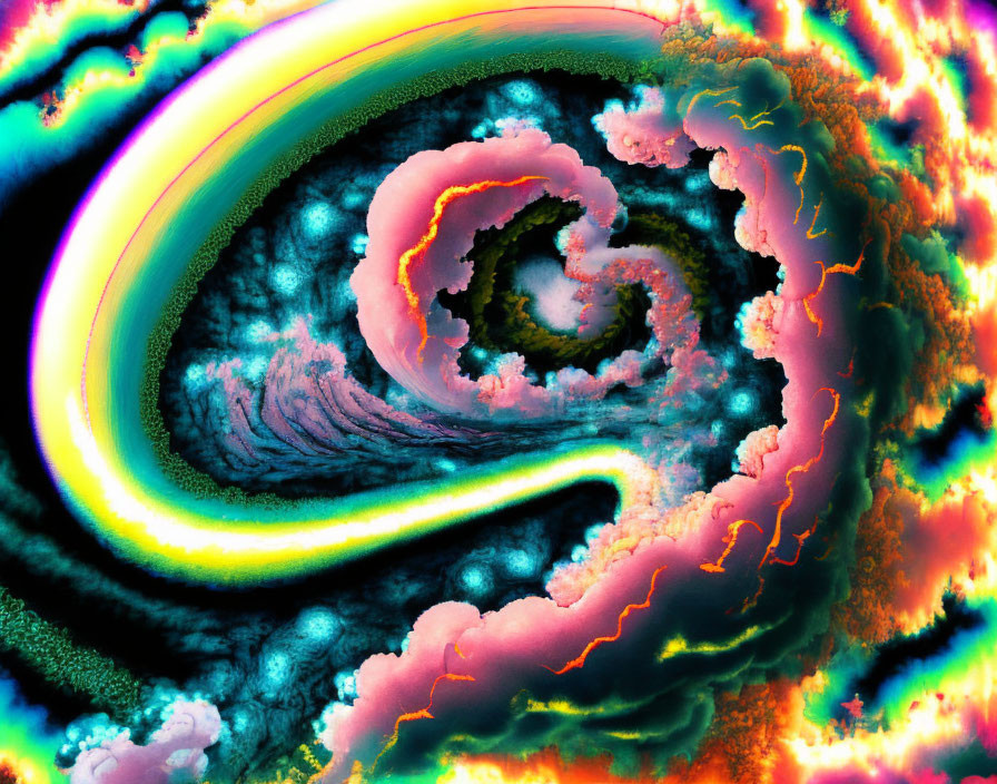 Colorful Neon Fractal Art Swirling Patterns in Pink, Blue, and Orange