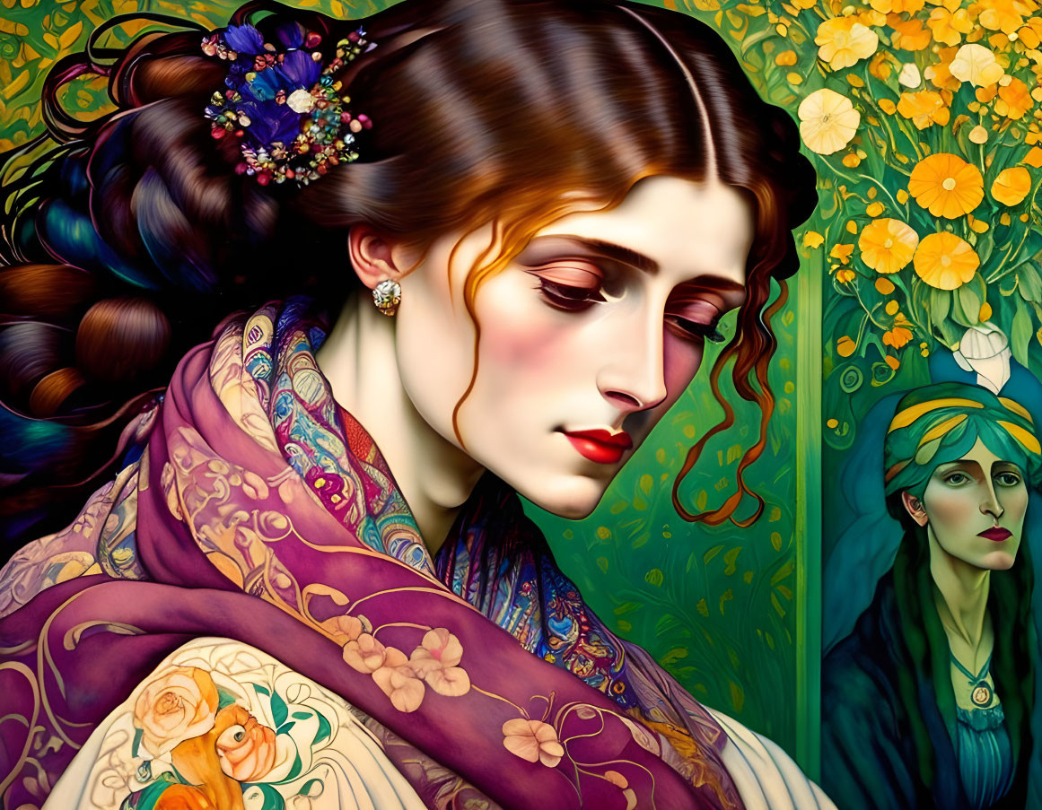 Art Nouveau style artwork featuring two women with floral patterns.