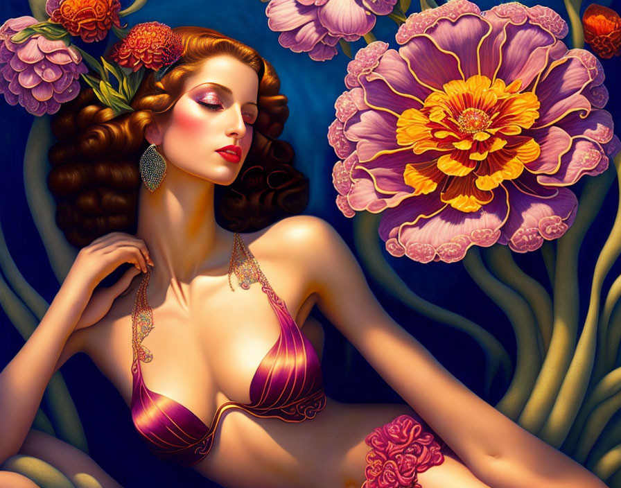 Illustrated woman with wavy hair and flowers in elegant bikini top