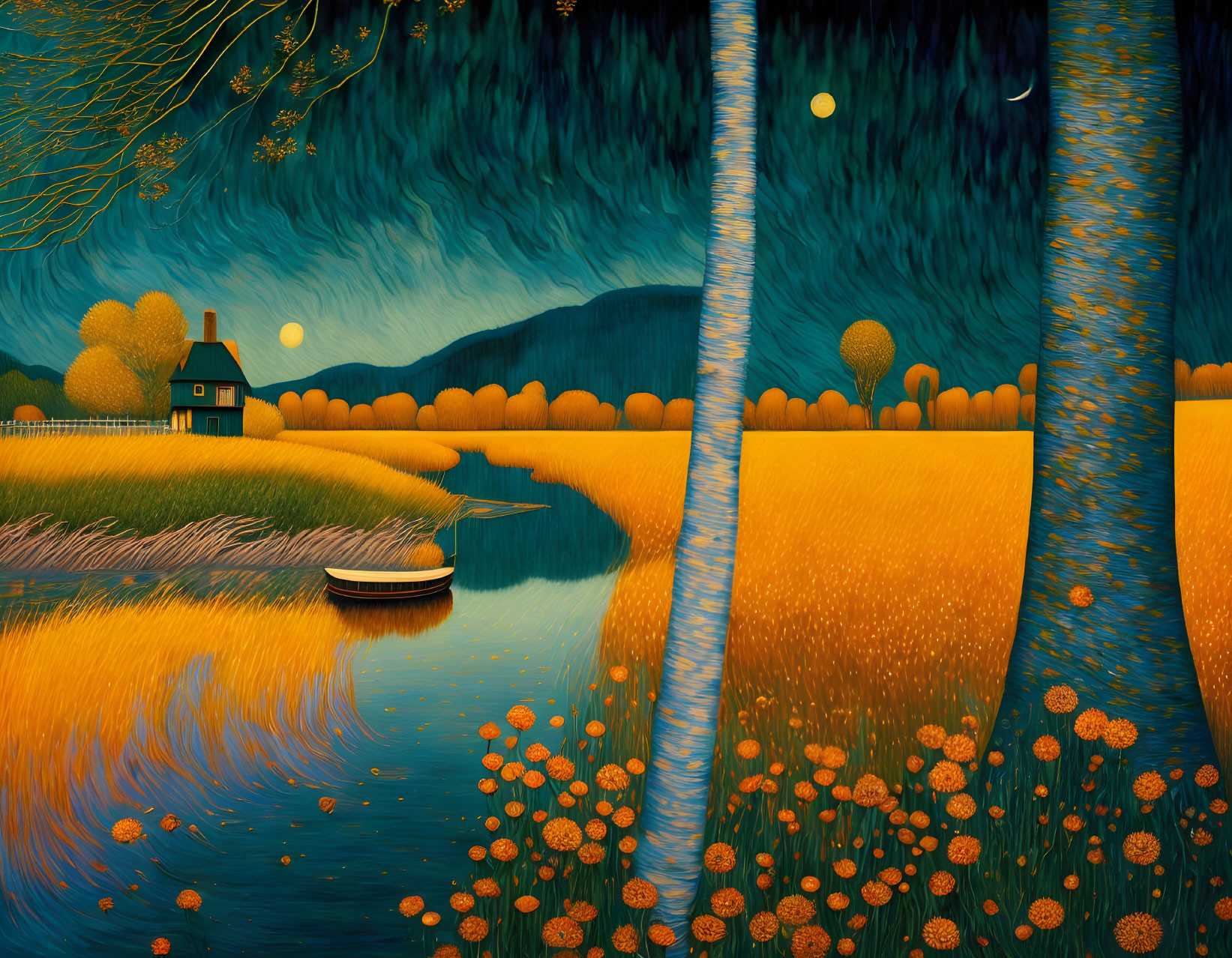 Colorful landscape with cottage, boat, golden fields, swirling trees, and starry night sky