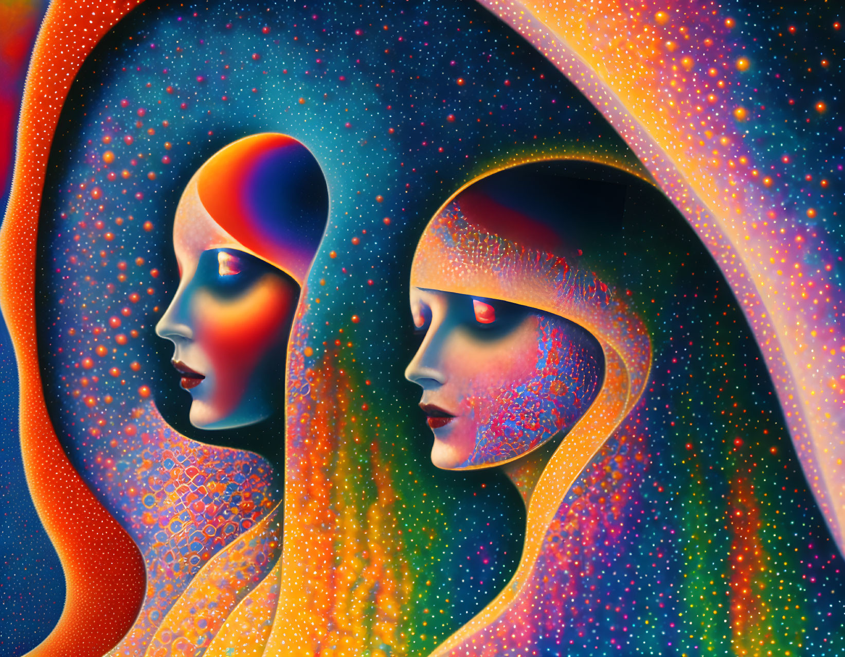 Colorful digital artwork: Two faces with cosmic patterns symbolize the link between celestial bodies and human consciousness