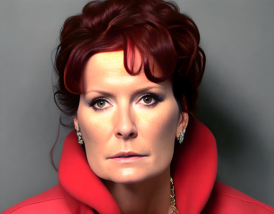 Red-haired woman in red coat and earrings against grey background