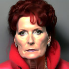 Red-haired woman in red coat and earrings against grey background