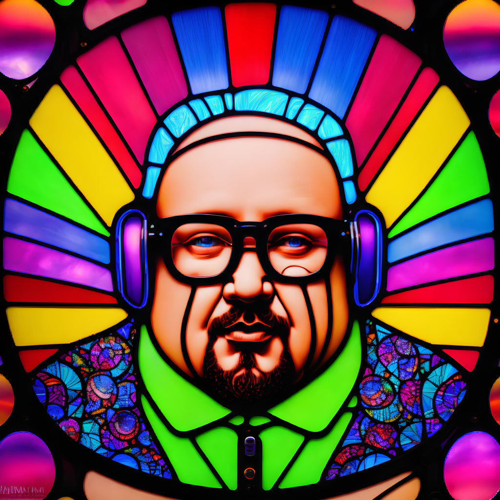 Colorful stained glass style art of man with headphones, glasses, and beard